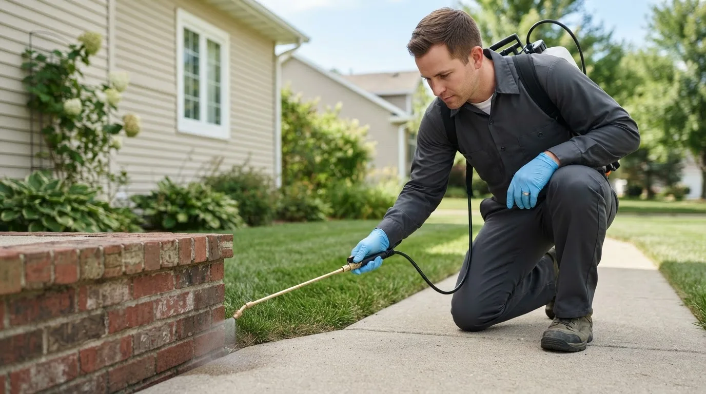 Pest control technician treating a home near Weston, CT